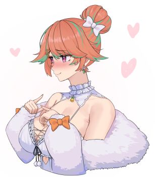 1girl blush bow breasts cleavage cropped_torso earrings green_hair hair_bow hair_bun heart highres hololive hololive_english index_fingers_together jewelry large_breasts multicolored_hair orange_hair purple_eyes ranox simple_background solo streaked_hair takanashi_kiara takanashi_kiara_(cozy) upper_body virtual_youtuber white_background