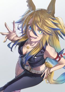 1girl american_flag american_flag_legwear american_flag_print animal_ears asymmetrical_pants bandana_around_arm belt beruu black_pants black_shirt blonde_hair blue_eyes blue_hair bracelet breasts cleavage collarbone flag_print highres horse_ears horse_girl horse_tail jewelry long_hair looking_at_viewer medium_breasts midriff multicolored_hair navel necklace obey_your_master_(umamusume) open_mouth pants shirt simple_background sleeveless sleeveless_shirt smile solo star-shaped_pupils star_(symbol) star_necklace symbol-shaped_pupils tail teeth two-tone_hair umamusume umamusume:_cinderella_gray white_belt