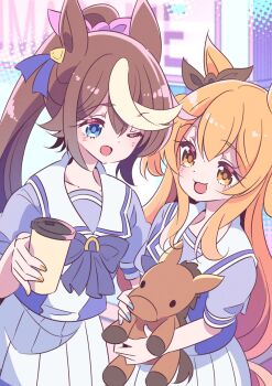 2girls :d ;d animal_ears black_bow blue_eyes blue_nails bow bowtie brown_hair commentary_request cup disposable_cup double-parted_bangs ear_bow ear_ornament hair_bow holding holding_cup holding_stuffed_toy honkawa_works horse_ears horse_girl horse_tail long_hair mayano_top_gun_(umamusume) multicolored_hair multiple_girls one_eye_closed open_mouth orange_eyes orange_hair orange_nails pink_bow ponytail puffy_short_sleeves puffy_sleeves purple_bow purple_bowtie purple_shirt sailor_collar school_uniform shirt short_sleeves skirt smile streaked_hair stuffed_animal stuffed_horse stuffed_toy tail tokai_teio_(umamusume) tracen_school_uniform umamusume white_hair white_sailor_collar white_skirt