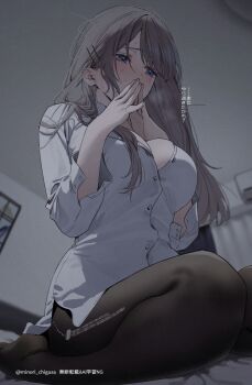 1girl black_pantyhose blue_eyes blush breasts chigusa_minori commentary_request dress_shirt grey_hair hair_ornament hairclip highres indoors large_breasts long_hair loose_hair_strand no_shoes pantyhose parallel_hairclips revision saotome_shino_(shino_to_ren) shino_to_ren shirt solo steepled_fingers sweat torn_clothes torn_pantyhose