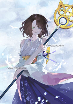 1girl asprosgy blue_eyes brown_hair closed_mouth commentary_request commission detached_sleeves final_fantasy final_fantasy_x glint green_eyes heterochromia highres holding holding_staff japanese_clothes long_hair smile solo staff standing watermark wide_sleeves yuna_(ff10)
