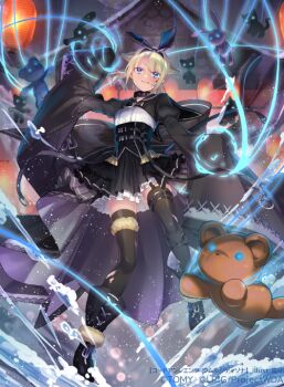 1girl black_collar black_dress black_hairband black_shoes black_thighhighs blonde_hair blue_eyes brown_horns closed_mouth collar copyright_notice dress from_below hairband horns lantern low_twintails official_art ori_simo paper_lantern puppet_strings shoes short_twintails solo stuffed_animal stuffed_cat stuffed_rabbit stuffed_toy teddy_bear thighhighs twintails umr_(wixoss) wixoss