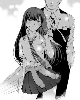 Rule 34 | 1boy, 1girl, blush, clothes around waist, clothes grab, collared shirt, commentary request, cowboy shot, greyscale, hands in pockets, holding, holding umbrella, jacket, jacket around waist, koi wa ameagari no you ni, kondou masami, long sleeves, matsuzaki yutaka, monochrome, necktie, necktie grab, neckwear grab, pants, parted lips, partial commentary, pleated skirt, shirt, skirt, striped clothes, striped necktie, tachibana akira, umbrella, vest
