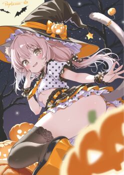 1girl animal_ear_fluff animal_ears black_bow black_hat black_nails black_shoes black_skirt black_thighhighs black_wrist_cuffs bow breasts bright_pupils brown_eyes brown_hair cat_ears cat_girl cat_tail collared_shirt commentary_request cropped_shirt fang frilled_hat frilled_sleeves frills hair_bow halloween halloween_costume hat hat_bow hat_ornament hat_ribbon highres jack-o&#039;-lantern layered_skirt long_hair looking_at_viewer low_twintails necktie open_mouth orange_bow orange_necktie orange_panties orange_ribbon original panties pantyshot po_yo_ta_ma polka_dot polka_dot_bow polka_dot_shirt puffy_short_sleeves puffy_sleeves ribbon shirt shoes short_sleeves skirt small_breasts smile solo star_(symbol) star_hat_ornament striped_clothes striped_panties tail thighhighs twintails two-sided_fabric two-sided_headwear two-tone_panties underboob underwear upskirt white_panties white_pupils white_shirt witch_hat wrist_cuffs