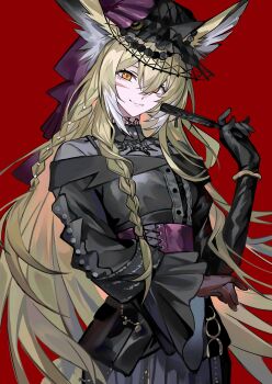 1girl absurdres ambience_synesthesia animal_ear_fluff arknights black_dress black_gloves blonde_hair cen_(acheng02806053) closed_mouth dress gloves highres long_hair looking_at_viewer official_alternate_costume orange_eyes red_background simple_background solo vulpisfoglia_(arknights)
