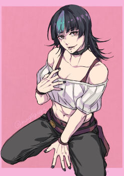 Rule 34 | abs, androgynous, black hair, bracelet, collar, collarbone, commentary request, green streaks, highres, hoshi kirara, jewelry, jujutsu kaisen, kneeling, medium hair, midriff, multicolored hair, multiple bracelets, nagiayase, nail polish, navel, piercing, simple background, solo