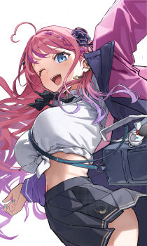 1girl :d absurdres ahoge bag bag_charm black_skirt blue_eyes braid breasts charm_(object) commentary cowboy_shot earrings gradient_hair hair_ornament hairclip heart heart_ahoge highres jewelry kuramochi_meruto large_breasts long_hair looking_at_viewer midriff moshi_(0364p) multicolored_hair neck_ribbon nijisanji one_eye_closed open_mouth pink_hair pleated_skirt ribbon school_bag shirt simple_background single_braid skirt smile solo swept_bangs tied_shirt white_background white_shirt