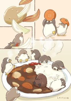 absurdres animal animal_focus bird carrot carrot_slice commentary curry curry_rice food highres no_humans on_food original penguin plate potato rice steaming_food symbol-only_commentary tasoema416 undersized_animal