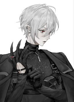 1boy adjusting_clothes adjusting_gloves black_gloves black_jacket ear_piercing earrings gloves grey_hair gun hair_between_eyes handgun highres holster holstered jacket jacket_on_shoulders jewelry kuzuha_(nijisanji) long_sleeves looking_at_viewer male_focus nijisanji open_mouth piercing pointy_ears red_eyes ring shirt shisi05 solo virtual_youtuber weapon white_background white_hair