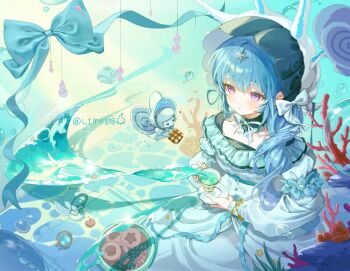 2girls blue_hair blush bonnet bow closed_mouth commentary_request commission coral cowboy_shot cup dress fairy green_ribbon hair_bow highres holding holding_cup korean_commentary limu838 long_hair long_sleeves mini_person minigirl multiple_girls neck_ribbon original purple_eyes ribbon saucer sitting teacup twitter_username white_bonnet white_bow white_dress