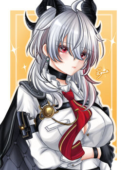 1girl ahoge arm_pouch arm_under_breasts black_choker black_gloves black_horns black_jacket border breasts button_gap chest_harness choker commentary curled_horns earrings gloves grey_hair hair_between_eyes harness highres horns jacket jacket_on_shoulders jewelry key_earrings large_breasts long_hair multicolored_hair necktie red_necktie seno_(snllian) shirt signature solo streaked_hair white_border white_shirt wuthering_waves yellow_background zani_(wuthering_waves)