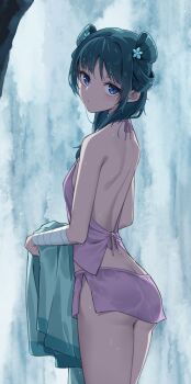 1girl absurdres ass blue_eyes chinese_clothes closed_mouth commentary commentary_request cowboy_shot dudou expressionless flower from_behind green_hair hair_bun hair_ornament hair_over_shoulder highres holding holding_unworn_clothes kusuriya_no_hitorigoto long_hair looking_at_viewer maomao_(kusuriya_no_hitorigoto) profnote simple_background solo standing thighs underwear water waterfall