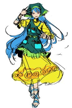 1girl absurdres apron between_fingers blue_hair blue_sandals commentary_request dress full_body green_apron green_headscarf haniyasushin_keiki headscarf highres holding long_hair looking_at_viewer morinopome2 open_mouth red_eyes sandals simple_background sketch smile solo standing tools touhou very_long_hair white_background yellow_dress