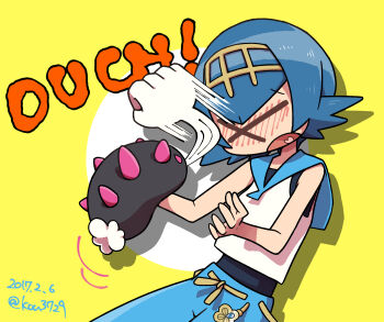 >_< 1girl :d black_shirt blue_hair blue_pants blue_sailor_collar blush closed_eyes commentary_request dated gen_7_pokemon heart heart_in_mouth highres hitting kou_osmtaka lana_(pokemon) motion_lines nintendo open_mouth pants pokemon pokemon_(creature) pokemon_sm pyukumuku sailor_collar shirt short_hair smile white_shirt xd yellow_background