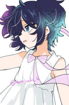 1girl arm_out_of_frame blue_eyes blue_hair blush collarbone dress fang happy_sugar_life kagisora_tomiyaki koube_shio light_smile looking_to_the_side messy_hair neck_ribbon official_art open_mouth ribbon short_hair simple_background twitter_username wedding_dress white_background white_dress white_ribbon