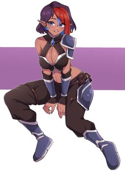 1girl armor armored_boots black_pants blue_boots blue_eyes blue_gem boots bracer breasts brooch cleavage commentary commission dark-skinned_female dark_skin english_commentary full_body gem hair_between_eyes highres jewelry large_breasts looking_at_viewer multicolored_hair oninuer original pants parted_bangs parted_lips pauldrons pointy_ears purple_hair red_hair short_hair shoulder_armor single_pauldron smile solo