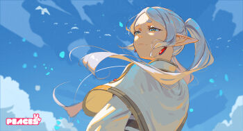 1girl blue_sky earrings elf eyelashes frieren grey_hair highres jewelry meme peaceablecolt pointy_ears sky solo sousou_no_frieren twintails upper_body upward_angle_frieren_drawing_(meme)