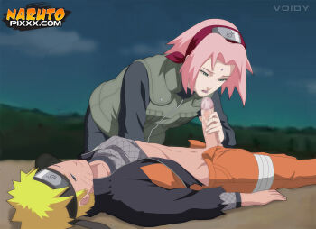 1boy 1girl blonde_hair haruno_sakura highres naruto_(series) naruto_shippuuden penis pink_hair short_hair uncensored uzumaki_naruto voidy