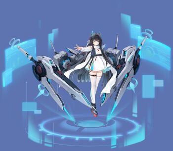 1girl absurdres azur_lane belt black_belt black_hair black_shoes blue_eyes breasts clarence_k._bronson_(azur_lane) dress full_body hair_ornament hair_ribbon highres long_hair non-web_source official_art ribbon rigging rudder_footwear scarf ship_turret shoes small_breasts solo thigh_strap thighhighs torpedo_tubes very_long_hair white_dress white_ribbon white_scarf white_thighhighs
