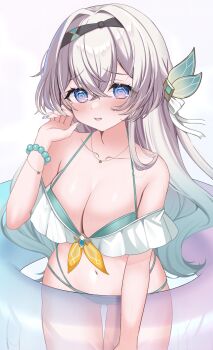 Rule 34 | 1girl, @ @, aqua bikini, bead bracelet, beads, bikini, bikini day, black hairband, blush, bracelet, breasts, cleavage, firefly (honkai: star rail), frilled bikini, frills, gradient eyes, green pupils, grey hair, hair between eyes, hair intakes, hair ornament, hair ribbon, hairband, highres, holding tube, honkai: star rail, honkai (series), jewelry, large breasts, long hair, multicolored eyes, nail polish, oguraponti, open mouth, ribbon, simple background, solo, swimsuit, tube, two-tone eyes, white background, white ribbon