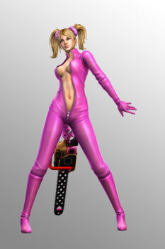 1girl 3d alternate_costume blonde_hair bodysuit boots breasts center_opening chainsaw cheerleader cleavage female_focus full-length_zipper grasshopper_manufacture juliet_starling latex lollipop_chainsaw long_hair navel no_bra official_alternate_costume official_art open_clothes scrunchie skin_tight solo standing twintails unzipped zipper