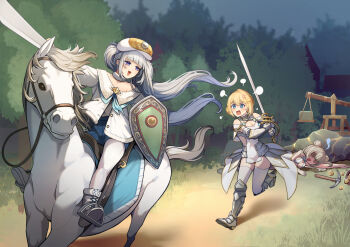 @_@ age_of_empires_(series) age_of_empires_iv anger_vein armored_boots azur_lane blonde_hair boots dmitri_donskoi_(azur_lane) double_bun gauntlets hair_bun holding holding_shield holding_sword holding_weapon horseback_riding jeanne_d&#039;arc_(azur_lane) le_malin_(azur_lane) long_hair outdoors pantyhose parka pickaxe riding shield sword thighhighs tree twintails weapon white_hair white_horse white_pantyhose white_thighhighs zhainan_s-jun