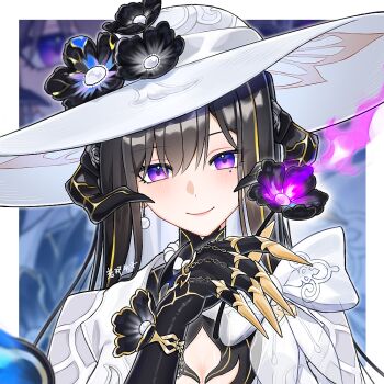 Rule 34 | 1girl, artist name, au ra, black gloves, black hair, blush, breasts, chinese commentary, chinese text, claw ring, closed mouth, commentary request, demon horns, dragon horns, earrings, flower, gloves, hat, hat flower, holding, honkai: star rail, honkai (series), horns, jewelry, laodeng touzi, long hair, looking at viewer, mole, mole under eye, multicolored hair, purple eyes, smile, solo, streaked hair, the dahlia (honkai: star rail), upper body