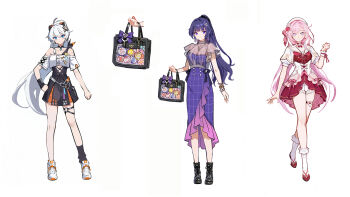 3girls ahoge bag beret black_dress black_socks breasts commentary_request dress earrings elysia_(hi_love_elf)_(honkai_impact) elysia_(honkai_impact) hat highres holding holding_bag homu_(honkai_impact) honkai_(series) honkai_impact_3rd jewelry kiana_kaslana large_breasts lino_chang long_hair looking_at_viewer multicolored_hair multiple_girls pink_hair ponytail purple_dress purple_eyes purple_hair raiden_mei red_dress simple_background single_sock smile socks two-tone_hair very_long_hair white_background white_hair white_socks