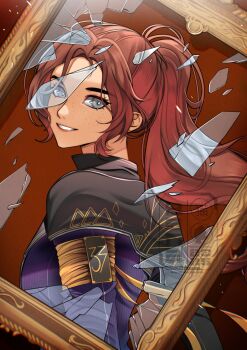 1girl arm_ribbon beneceadraws black_capelet breasts broken_glass brown_background brown_hair capelet clair_obscur:_expedition_33 commentary english_commentary freckles glass grey_eyes highres long_hair looking_at_viewer maelle_(clair_obscur:_expedition_33) parted_bangs parted_lips picture_frame ribbon small_breasts smile solo teeth