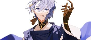 1boy absurdres armor blue_eyes blue_hair blue_robe brown_gloves chinese_commentary choker gloves hair_between_eyes hair_ornament hand_up highres japanese_armor japanese_clothes kariginu kimono kote kurokote looking_at_viewer male_focus mikazuki_munechika mohexi459 o-ring o-ring_choker parted_lips portrait robe short_hair simple_background single_sidelock smile solo tassel tassel_hair_ornament touken_ranbu white_background white_kimono wide_sleeves