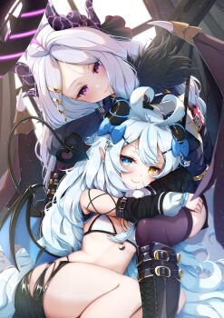2girls ahoge akugaki_koa antenna_hair armband bare_legs belt_boots bikini black_boots black_bow black_coat black_halo black_horns black_shorts black_shrug black_sleeves black_tail black_thighhighs blue_archive blue_bow blue_eyes blue_wings blush boots bow chromashift closed_mouth coat commentary_request demon_girl demon_horns demon_tail demon_wings detached_sleeves diamond-shaped_pupils diamond_(shape) fang flat_chest gun hair_between_eyes hair_bow hair_ornament hairclip halo heart_antenna_hair heterochromia highres hina_(blue_archive) horns imo_bouya indoors knee_boots lace-up_boots light_particles loli long_hair long_sleeves looking_at_viewer low_wings lying machine_gun mg42 mixed-language_commentary multiple_girls multiple_horns navel parted_bangs pointy_ears purple_eyes red_armband shorts shrug_(clothing) sitting skin_fang slit_pupils smile spanish_commentary stomach swimsuit symbol-shaped_pupils tail thighhighs thighs torn_clothes torn_shorts very_long_hair virtual_youtuber wavy_hair weapon white_bikini white_hair window wings yellow_eyes zettai_ryouiki