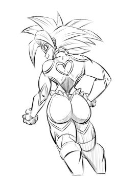 Rule 34 | 1girl, alternate costume, ass, ass cutout, back, clothing cutout, cosplay, dragon ball, dragon ball super, earrings, eye mask, funsexydragonball, highres, jewelry, kefla (dragon ball), leotard, looking back, mask, monochrome, muscular, muscular female, potara earrings, rainbow mika, revealing clothes, sketch, smile, spiked hair, street fighter, thong leotard, white background