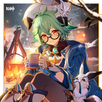 1girl absurdres animal animal_ears animal_on_head black_thighhighs boots commentary_request cup fire fox genshin_impact glasses gloves green_hair highres holding holding_cup knees_up long_hair long_sleeves looking_at_viewer multicolored_eyes official_art on_head parted_lips sitting smile sucrose_(genshin_impact) thighhighs vision_(genshin_impact) white_boots white_gloves