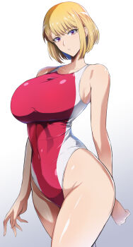 1girl bare_arms bare_shoulders blonde_hair blush breasts competition_swimsuit covered_navel cowboy_shot gradient_background grey_background highleg highleg_one-piece_swimsuit highres kumakichi_(cost-lost) large_breasts looking_at_viewer one-piece_swimsuit original parted_lips purple_eyes red_one-piece_swimsuit simple_background solo solo_leveling swimsuit thighs