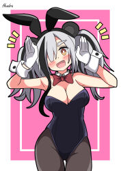 Rule 34 | 1girl, absurdres, alternate costume, animal ears, arknights, artist name, black hair, black leotard, black pantyhose, blush, border, bow, bowtie, breasts, bright pupils, cleavage, commentary request, detached collar, fake animal ears, fang, feater (arknights), gloves, grey hair, hair over one eye, hands up, head tilt, hendra, highres, inset border, large breasts, leotard, looking at viewer, multicolored hair, notice lines, open mouth, pantyhose, pink background, playboy bunny, rabbit ears, rabbit pose, red bow, red bowtie, simple background, smile, solo, streaked hair, thick eyebrows, twintails, white background, white gloves, white pupils, white wrist cuffs, wrist cuffs, yellow eyes