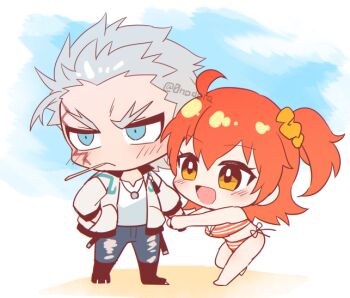 0nodera 1boy 1girl ahoge bikini blue_eyes blush chibi chibi_only commentary_request denim fate/grand_order fate_(series) forked_eyebrows fujimaru_ritsuka_(female) fujimaru_ritsuka_(female)_(brilliant_summer) grey_hair hair_ornament hair_scrunchie hand_in_pocket hetero jeans mouth_hold nagakura_shinpachi_(fate) one_side_up open_mouth orange_eyes orange_hair pants pulling scrunchie short_hair stalk_in_mouth striped_bikini striped_clothes swimsuit torn_clothes torn_jeans torn_pants