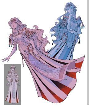 1girl absurdres armor blonde_hair blue_eyes breasts circlet dress earrings elbow_gloves elf full_body gloves gold_trim highres jewelry lemolunes long_dress long_hair medium_breasts multiple_views nintendo parted_bangs parted_lips pointy_ears princess_zelda shoulder_armor sidelocks the_legend_of_zelda white_background white_gloves