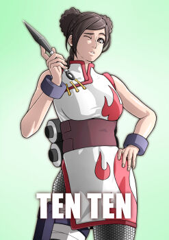 1girl balcony bracelet braid braided_bun braided_ponytail breasts brown_eyes character_name chinese_clothes commentary_request contrapposto cowboy_shot double_bun green_background hair_bun hand_on_own_hip highres holding holding_kunai holding_weapon jewelry kunai medium_breasts naruto:_the_last naruto_(series) one_eye_closed saburo_des scroll solo tenten_(naruto) weapon