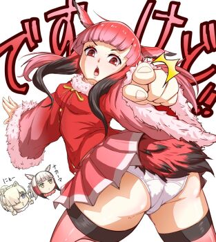 3girls alpaca_ears alpaca_girl alpaca_suri_(kemono_friends) animal_ears ass bird_tail bird_wings black_hair blonde_hair blue_eyes blunt_bangs blush breasts burofuro777 fur_collar hair_bun hair_over_one_eye head_wings highres japanese_crested_ibis_(kemono_friends) kemono_friends long_hair long_sleeves looking_at_viewer multicolored_hair multiple_girls open_mouth panties pointing pointing_at_viewer red_hair scarlet_ibis_(kemono_friends) short_hair sidelocks skirt small_breasts tail thighhighs underwear white_hair wings yellow_eyes