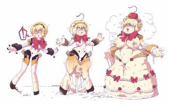 1girl aigis_(persona) bimbofication blonde_hair blue_eyes bow breasts cake cake_girl cavitees confused cream curvy female_focus food food_creature food_girl gynoid henshin highres lactation large_breasts lips living_food magic persona persona_3 ribbon robot robot_girl short_hair solo standing thick_thighs thighhighs thighs transformation transformation_(object) video_game wide_hips