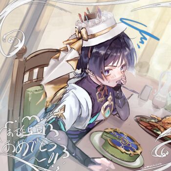Rule 34 | 1boy, amoebozoa, armor, black bow, black bridal gauntlets, black shorts, blue eyes, blue kimono, blue sleeves, blunt ends, boater hat, bodysuit, bow, bridal gauntlets, bright pupils, cake, cake hat, candle, candlelight, chair, chicken (food), fingernails, food, fork, furisode, genshin impact, gold bow, hakama, hakama shorts, hand on own cheek, hand on own face, hand rest, happy birthday, hat, hat bow, head rest, highres, icing, indoors, japanese armor, japanese clothes, juban, kettle, kimono, kote, kurokote, layered sleeves, light blush, looking at viewer, male focus, mandala, open clothes, open kimono, pillar, pillow, plate, pleated shorts, purple bodysuit, purple hair, purple sash, sash, scaramouche (genshin impact), short sleeves, shorts, sitting, sketch, solo, sweatdrop, table, translation request, turtleneck, turtleneck bodysuit, twitter username, utensil in mouth, wanderer (genshin impact), white hat, white kimono, white pupils, white sleeves, wispy bangs, wooden chair, wooden table
