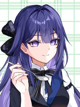 Rule 34 | 1girl, absurdres, black bow, black bowtie, black vest, bow, bowtie, breasts, commentary request, highres, holding, holding spoon, honkai (series), honkai impact 3rd, long hair, looking at viewer, medium breasts, purple eyes, purple hair, raiden mei, simple background, smile, solo, spoon, udon (smnj4387), upper body, very long hair, vest