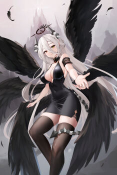 1girl absurdres armband bare_shoulders black_dress black_halo black_thighhighs black_wings breasts center_opening cleavage closed_mouth commentary_request covered_navel cross-laced_slit dark_halo demon_girl demon_horns demon_tail dintea dress fallen_angel falling_feathers feathered_wings feathers flying frilled_armband frills from_below grey_horns grey_sky hair_between_eyes halo heterochromia highres horns itsuki_(meridian_project) large_breasts long_hair long_hair_between_eyes looking_at_viewer meridian_project mountain multiple_wings nail_polish offering_hand pink_nails red_eyes seraph sideboob sidelocks sky sleeveless sleeveless_dress smile solo tail thighhighs thighs very_long_hair virtual_youtuber white_hair wings yellow_eyes