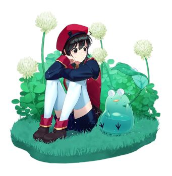 1girl ahoge badge belt beret bird black_eyes black_hair black_shirt black_shorts black_sleeves breasts brown_belt brown_shoes buttons closed_mouth clover clover_(flower) coke-bottle_glasses collared_shirt eyelashes eyewear_on_head flower frown full_body glass glasses gold_buttons grass green_bird hair_between_eyes hand_on_own_cheek hand_on_own_face hat holding holding_leaf ispin_charles jacket large_belt leaf leaf_jellyppi light_particles long_sleeves looking_at_another loose_belt medium_breasts military_hat military_jacket military_uniform multicolored_jacket nexon plain_epaulettes poison_jellyppi poison_leaf_jellyppi red_hat red_jacket round_eyewear second-party_source shirt shoes short_hair shorts simple_background sitting sleeve_cuffs sleeveless sleeveless_jacket slime_(creature) sweatdrop tales_weaver thighhighs transparent_background two-tone_jacket undershirt water white_flower white_jacket white_thighhighs wing_collar yellow_trim zb_cell331