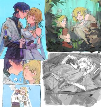 Rule 34 | +++, 1girl, 2boys, alternate costume, arm cutout, arm on knee, armor, bare shoulders, belt, black belt, black bodysuit, black bridal gauntlets, black corset, black gloves, black shorts, blonde hair, blue eyes, blue feathers, blue kimono, blue sleeves, blunt ends, bodysuit, boots, breast press, breasts, bridal gauntlets, brown boots, bug, butterfly, closed eyes, closed mouth, clothing cutout, corset, couple, crossover, curtained hair, detached sleeves, embarrassed, eyeliner, facing another, feather hair ornament, feathers, fingernails, flower, furisode, genshin impact, gloves, green hat, green shirt, hair between eyes, hair flower, hair intakes, hair ornament, hand on another's back, hand on another's nape, hat, head on another's shoulder, head on pillow, head tilt, headpat, hetero, highres, holding hands, insect, interlocked fingers, japanese armor, japanese clothes, juban, kimono, kote, kurokote, laughing, layered sleeves, light blush, link, looking at another, lumine (genshin impact), makeup, medium breasts, multiple boys, multiple views, nervous sweating, nintendo, one eye closed, open clothes, open kimono, open mouth, outdoors, pants, parted lips, partially fingerless gloves, pillow, pointy ears, purple eyes, purple hair, purple rope, purple trim, red eyeliner, red lips, rope, scaramouche (genshin impact), scarf, sequential, shared bed, shared blanket, shirt, short hair, short hair with long locks, short sleeves, shorts, sideboob, sidelocks, sketch, squatting, steam, sundayauruu, sweat, sweatdrop, tassel, teeth, the legend of zelda, turtleneck, turtleneck bodysuit, upper teeth only, vambraces, wanderer (genshin impact), white flower, white kimono, white mouth, white pants, white scarf, white sleeves, yellow eyes