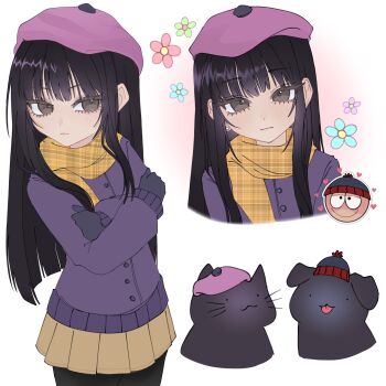 Rule 34 | 1boy, 1girl, animalization, animification, beanie, beret, black hair, black pantyhose, brown eyes, cat, coat, dog, gloves, hat, highres, long hair, multiple views, olivialiuz, pantyhose, petals, pleated skirt, pom pom (clothes), pom pom beanie, purple coat, scarf, short hair, skirt, smile, south park, stan marsh, wendy testaburger, yellow scarf, yellow skirt