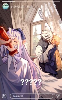 1girl 2boys ? ?? absurdres animal_ear_fluff animal_ears artist_name blonde_hair body_fur bottle cloak closed_eyes collared_vest colored_tips commentary drill_hair drill_sidelocks drinking earrings english_commentary fake_screenshot fingernails furry furry_male furry_with_non-furry grey_vest hairband highres holding holding_bottle hugo_vlad indoors interspecies jewelry kiss long_hair multicolored_hair multiple_boys muzzle_(mask) nekojinnyart pointy_ears purple_cloak purple_hair purple_hairband purple_shirt ring_hair_ornament shirt sidelocks sleeves_rolled_up sparkle tail vest vivian_banshee von_lycaon white_fur white_hair white_shirt white_tail window wolf_boy wolf_ears wolf_tail yaoi zenless_zone_zero