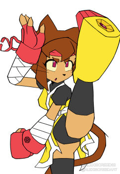 1girl alexiscreed animal_ears animal_nose arm_up artist_name bandaged_arm bandages black_leotard black_panties black_thighhighs bob_cut body_fur boots breasts brown_fur brown_hair cat_ears cat_girl cat_tail claws dark-skinned_female dark_skin deviantart_username dress fighting_stance fingerless_gloves flat_color furry furry_female gameoverse gloves headband high_kick highres japanese_clothes kicking kimono kit_bodega leg_up leotard leotard_under_clothes ninja open_mouth panties patreon_username pawpads red_eyes red_gloves red_headband sash shirt short_hair short_sleeves sidelocks simple_background sleeveless small_breasts solo split standing standing_on_one_leg standing_split tail thighhighs underwear v-shaped_eyebrows watermark web_address whiskers white_background yellow_kimono