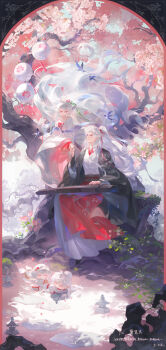 1boy 1girl absurdres asymmetrical_bangs bird braid branch cherry_blossoms chibi chibi_inset chinese_clothes closed_mouth commission couple crossed_bangs day floating_hair flower full_body green_ribbon hair_between_eyes hair_ornament hair_ribbon hanfu high_ponytail highres holding_hands instrument lantern layered_sleeves long_hair long_sleeves looking_at_another looking_up love_and_deepspace mihuashi_commission oc_x_canon original parted_bangs petals pink_flower pink_hanfu pink_petals ponytail red_ribbon ribbon sidelocks sitting smile sunlight swallow_(bird) sylus_(love_and_deepspace) tree very_long_hair watermark white_hair wide_sleeves wind zi