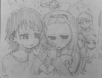 5girls ? absurdres black_hair blonde_hair blush greyscale hairband hand_on_another&#039;s_shoulder highres holding holding_hands long_hair monochrome multiple_girls open_mouth ribbon shirt short_hair smile sweatdrop takopii_no_genzai tanaka_www_com white_shirt worried yuri